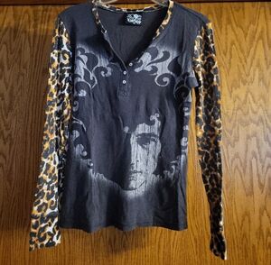 Lucky Brand Black and Leopard Long Sleeve Top